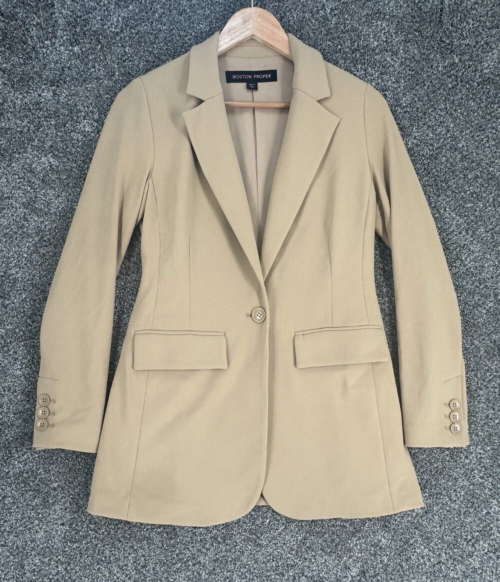 Boston Proper SZ 2 Beyond Travel Classic Boyfriend Blazer Jacket Long One Button
